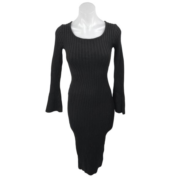 NEW 12TH Tribe Black Rib Knit Cutout Long Sleeve Midi Bodycon Sweater Dress XS - Picture 1 of 5